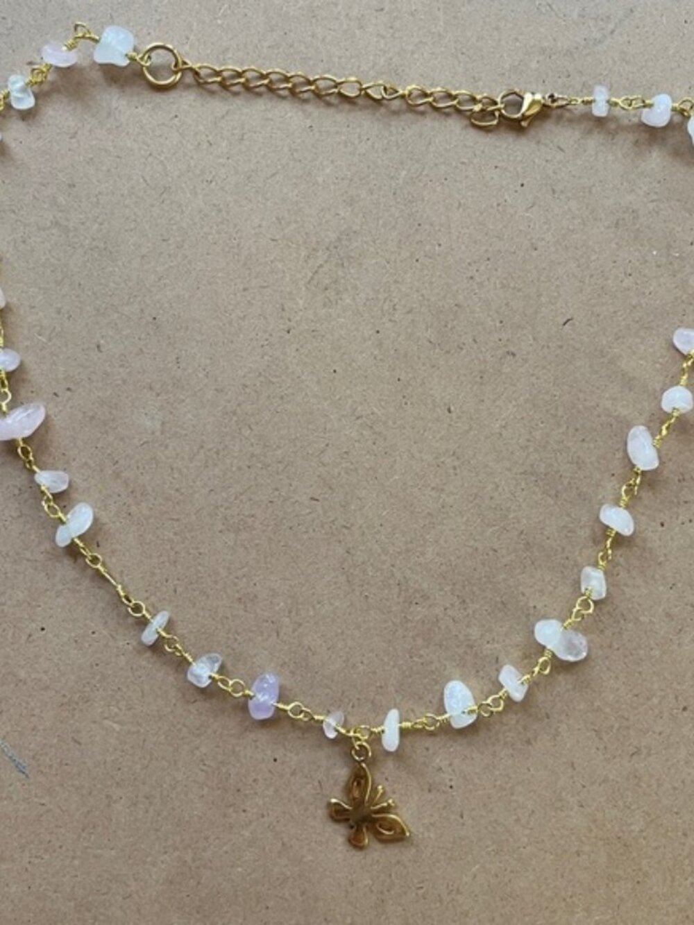 Gold and pink Beaded Necklace with Butterfly Charm